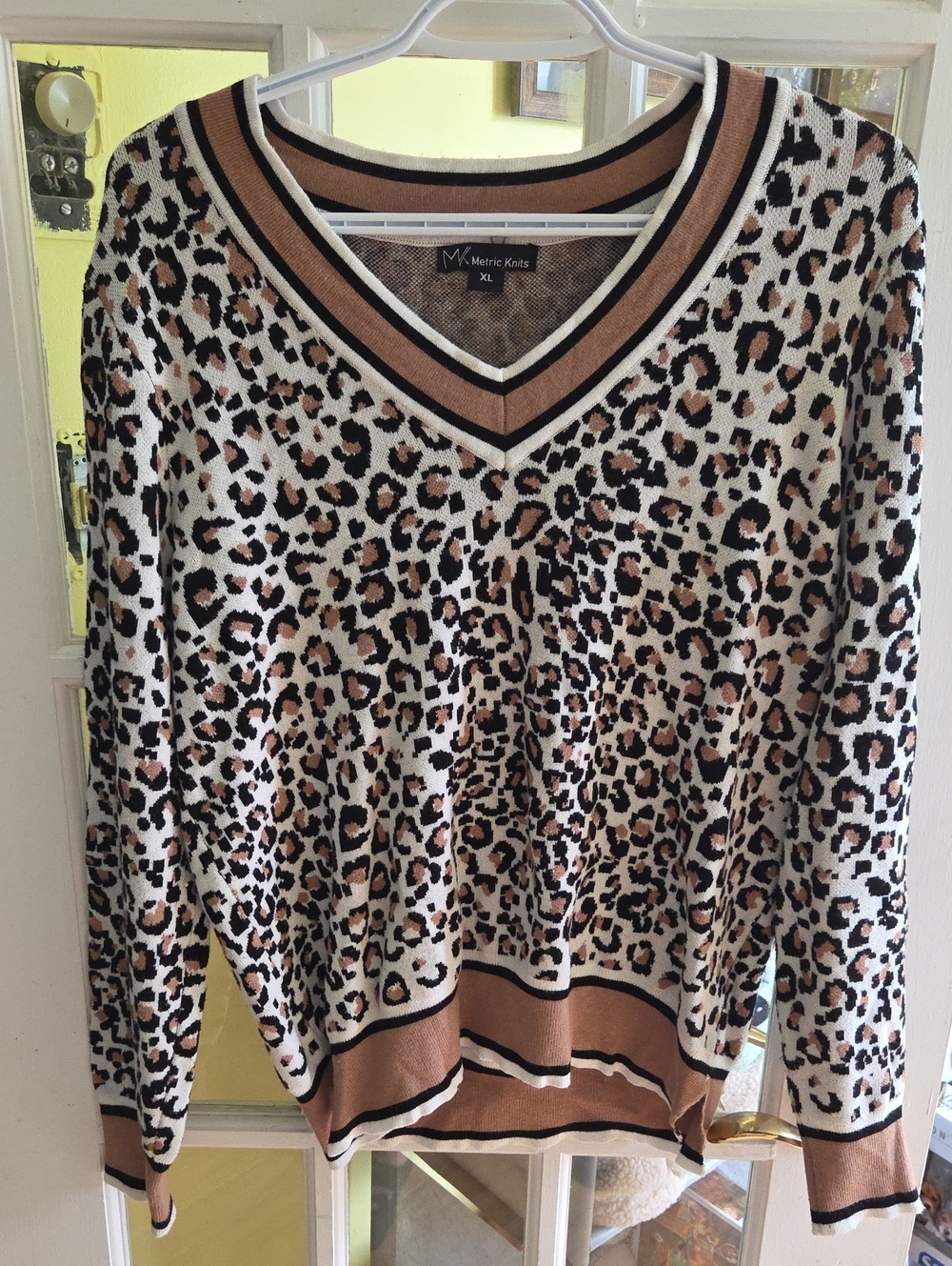 Metric Knit Leopard V-Neck Sweater in Tan and Cream
